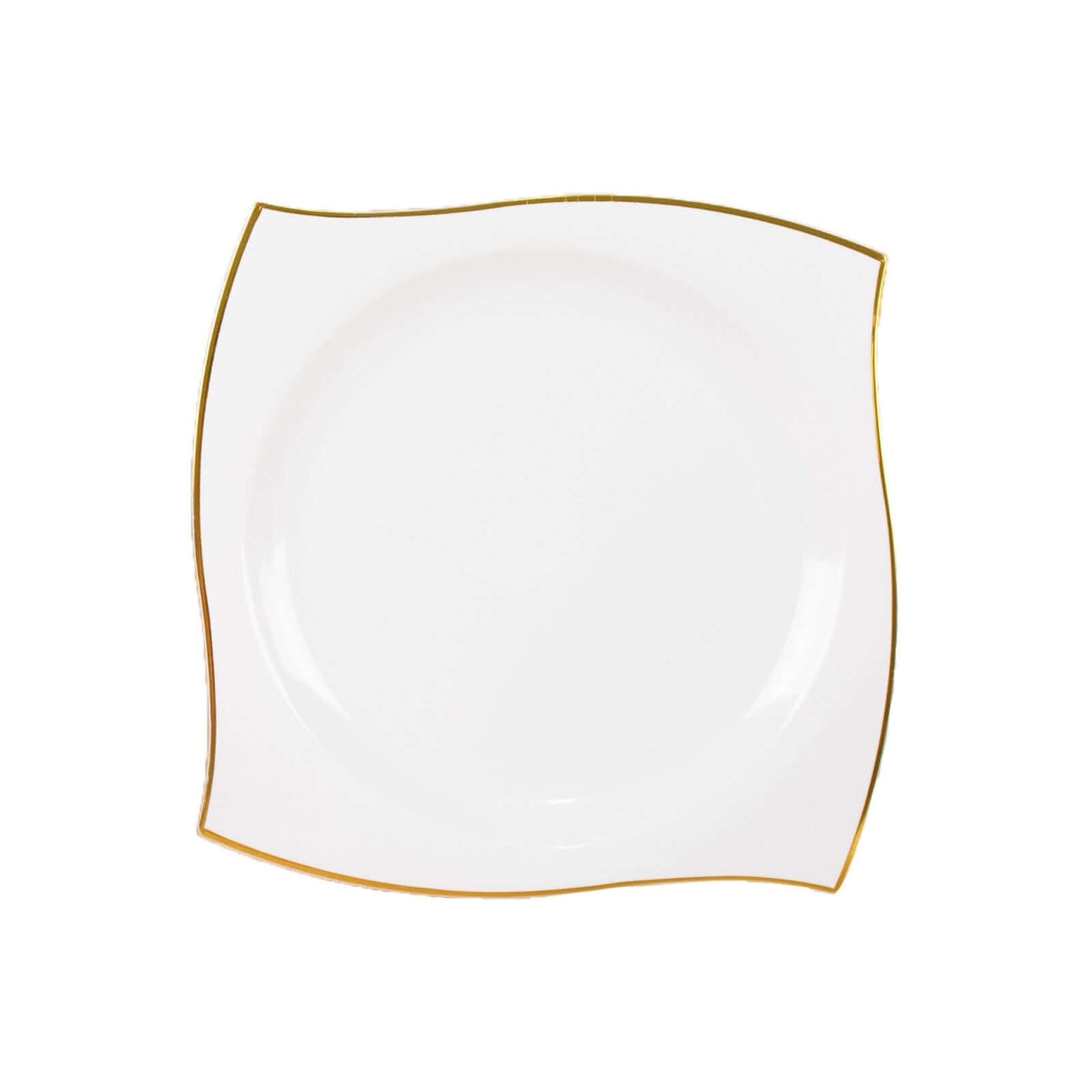 10-Pack Plastic 10" Square Dinner Plates in White with Gold Wavy Rim Modern - Disposable Party Plates for Luxe Events & Banquets