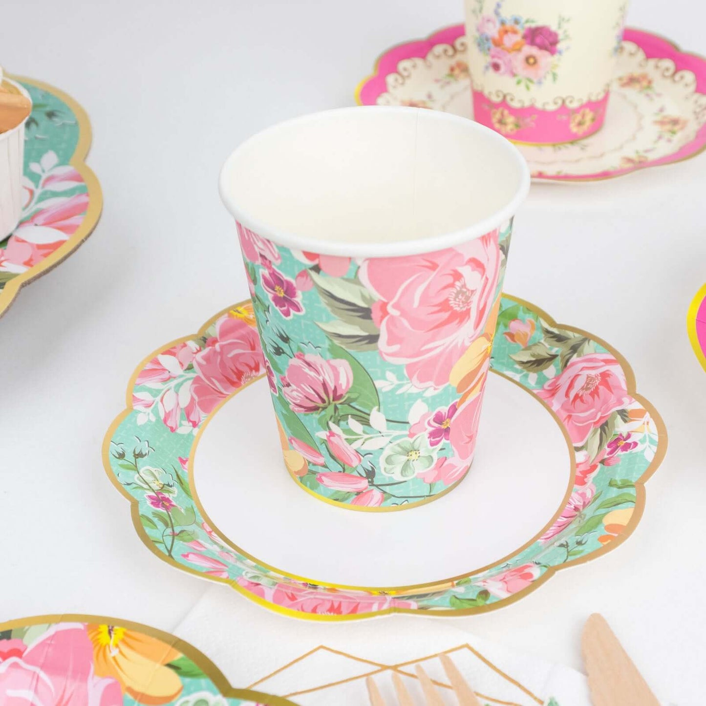 24-Pack Paper Cup and Saucer Set in Mixed Vintage Floral Print - Disposable Tea Party Supplies Kit for Baby Showers & Birthdays