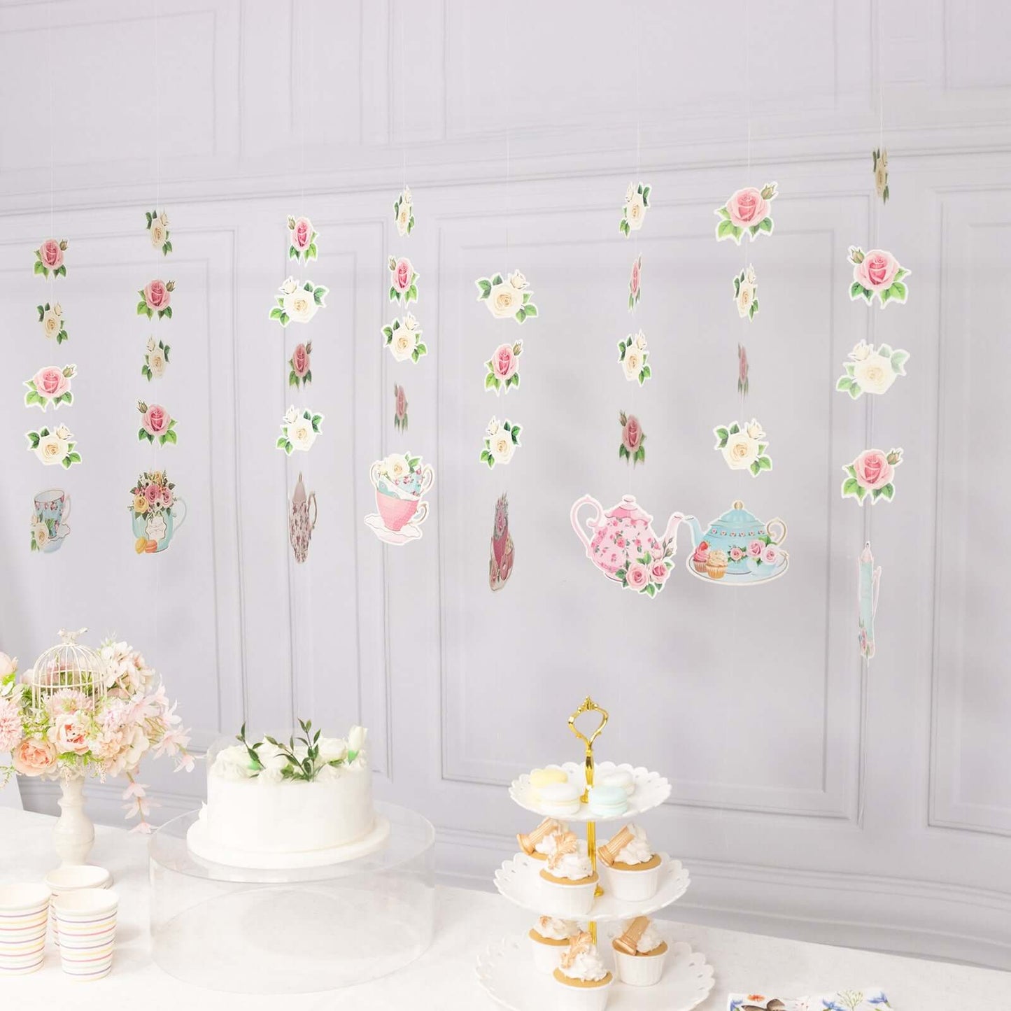 8 Pack Double Sided Floral Tea Party Paper Garland, 40" Pre-Assembled Mixed Teapot Banner Hanging Decorations