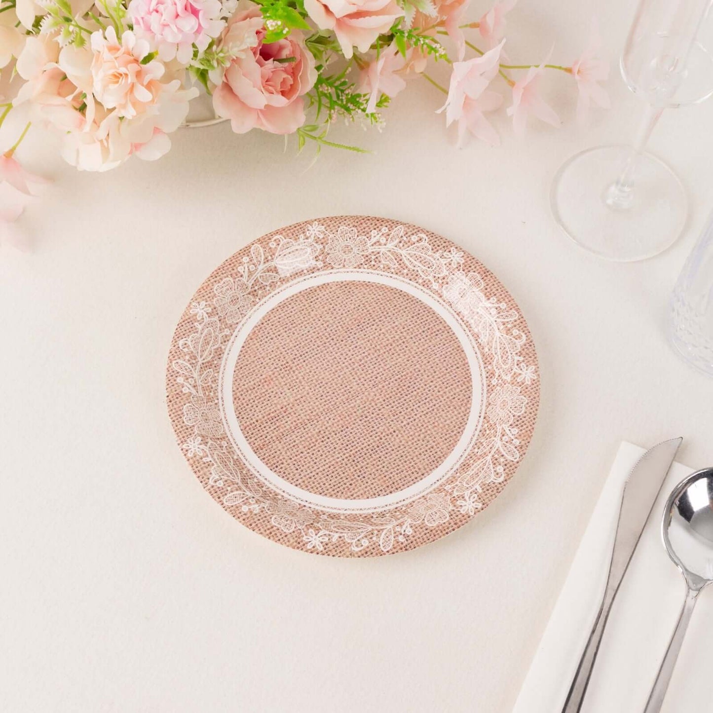 25-Pack Paper 7" Round Dessert Plates in Natural Burlap Print with Floral Lace Rim - Disposable Rustic Appetizer Salad Plates for Farmhouse Weddings & Celebrations