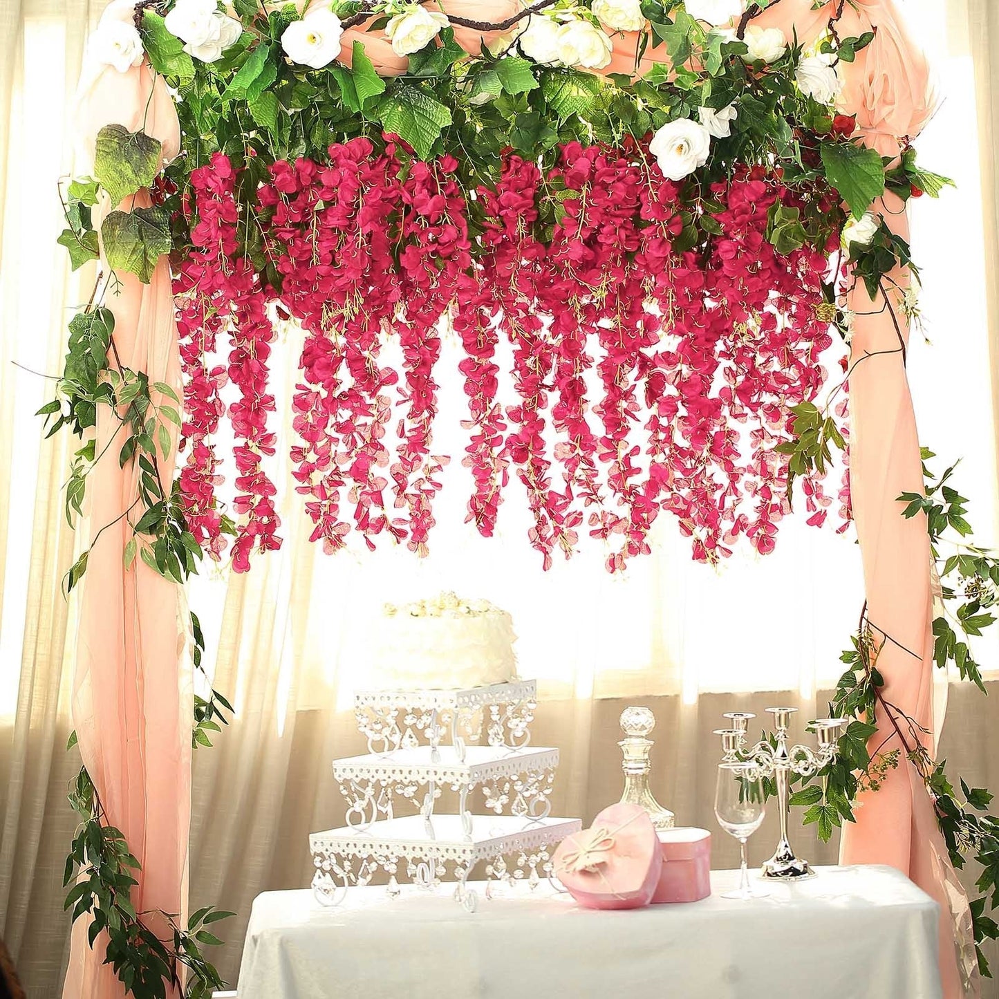 5 Pack 44" Silk Hanging Wisteria Flower Garland Vines in Fuchsia, 3 Strands in 1 Bush