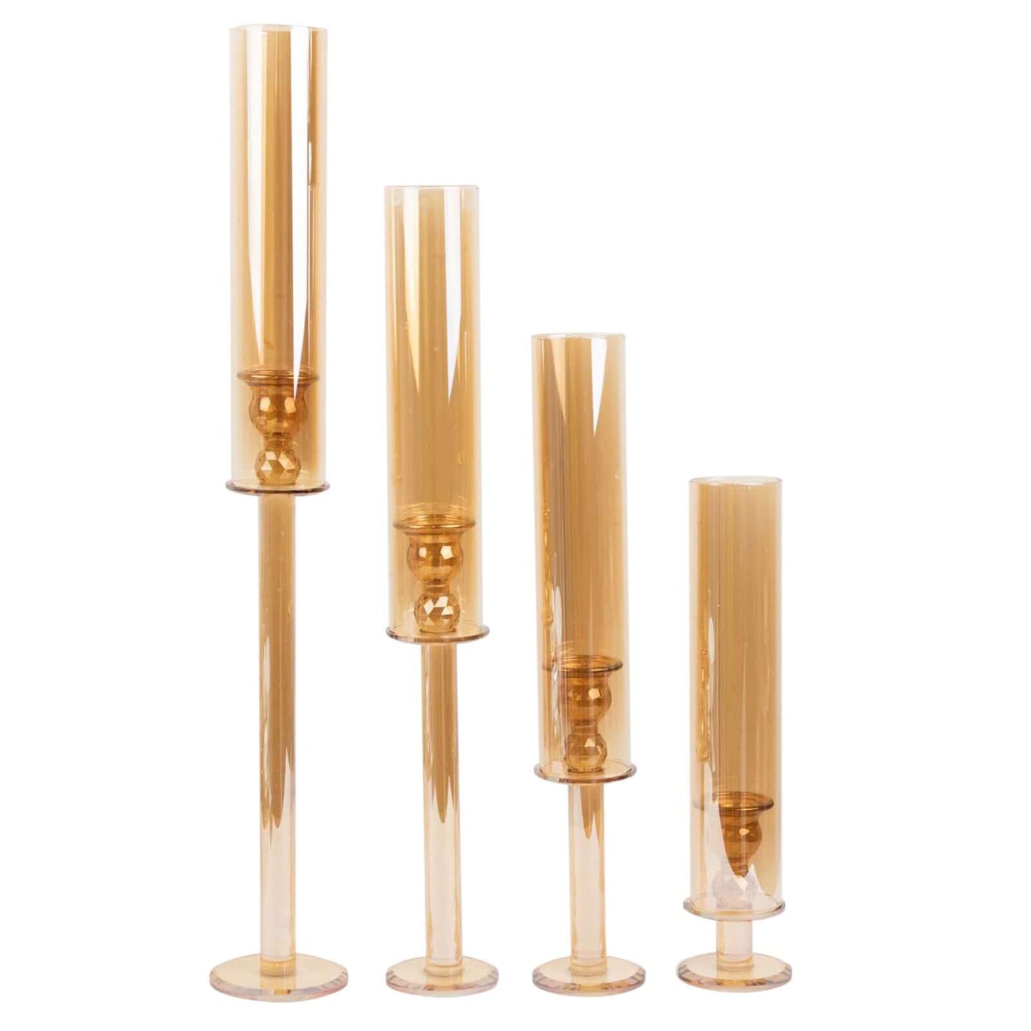 Set of 4 Crystal Glass Hurricane Taper Candle Holders, Decorative Tall Candle Stands Amber Gold Cylinder Chimney Tubes 14", 18", 22", 26"