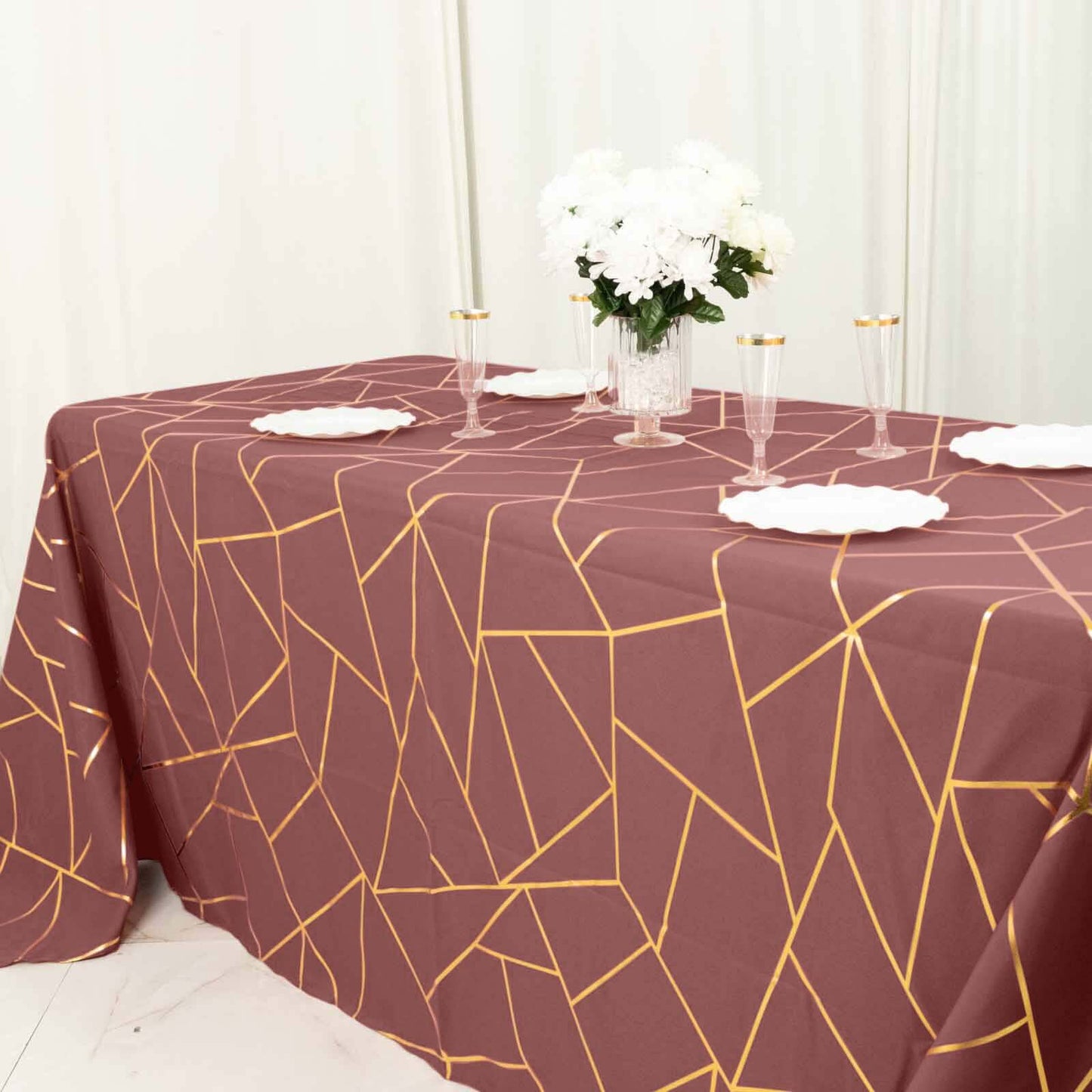 Polyester 60"x132" Rectangle Tablecloth Cinnamon Rose with Gold Foil Geometric Pattern - Wrinkle-Resistant and Durable Table Cover for Weddings & Events