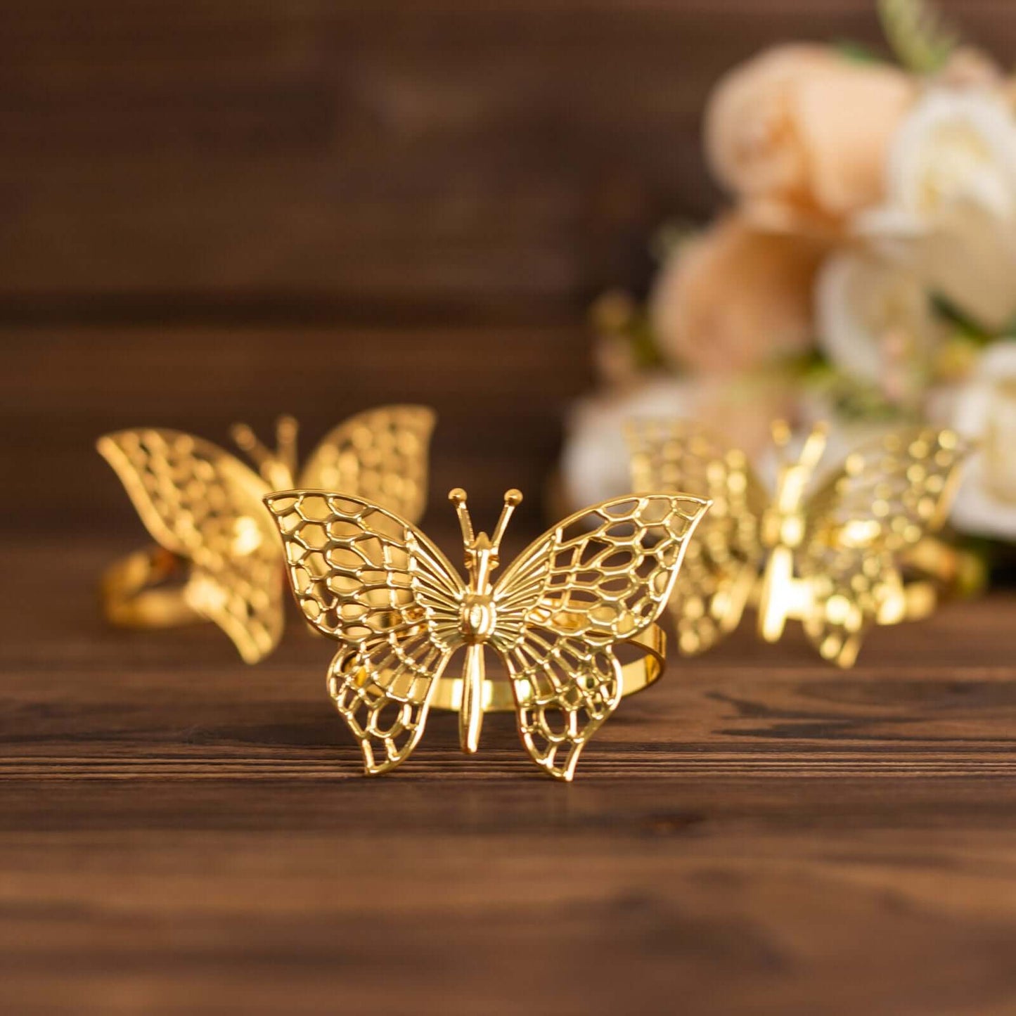 4 Pack Gold Metal Butterfly Napkin Rings, Decorative Laser Cut Cloth Napkin Holders