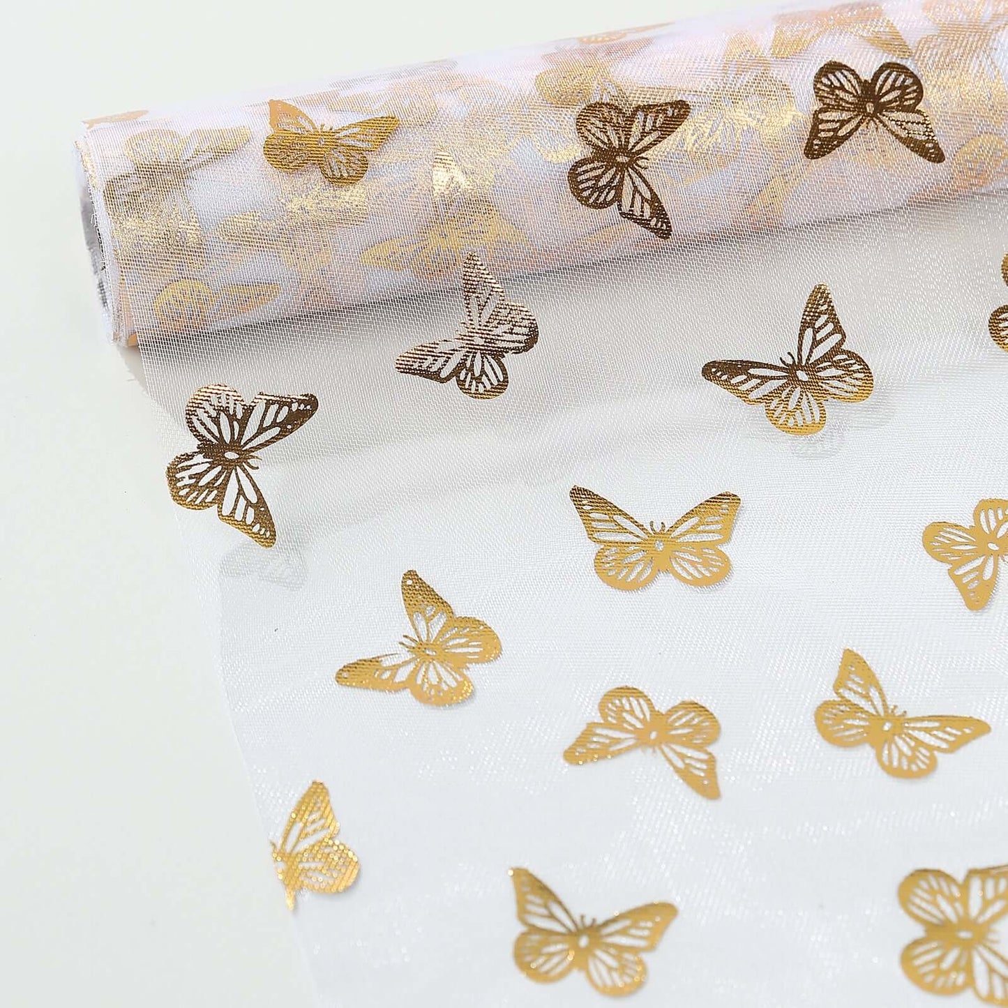 5 Pack Sheer Organza 11"x108" Table Runner Rolls White Disposable with Metallic Gold Foil Butterflies Motifs