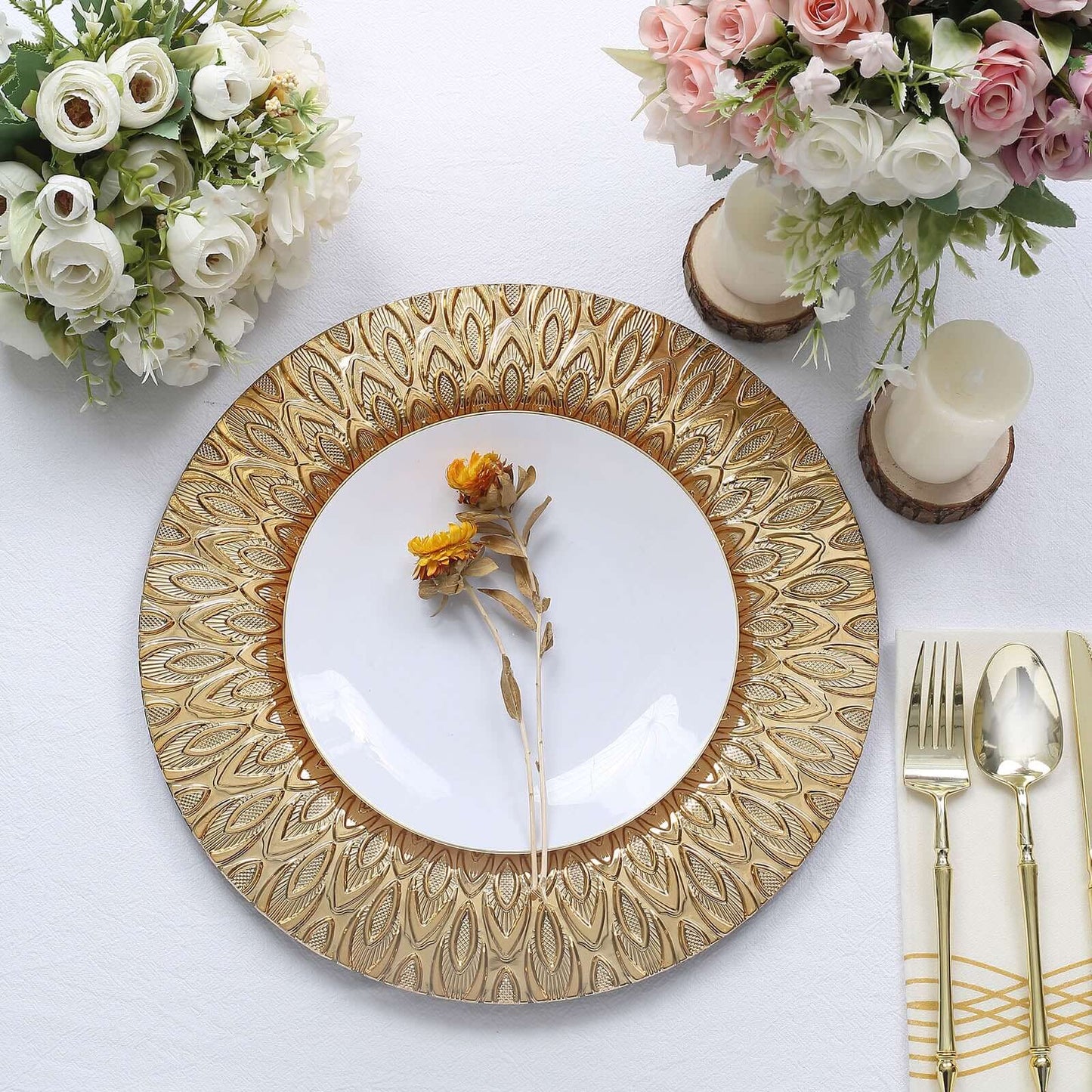 6-Pack Plastic Round Charger Plates 13" in Gold with Embossed Peacock Pattern, Stylish Disposable Charger Tableware