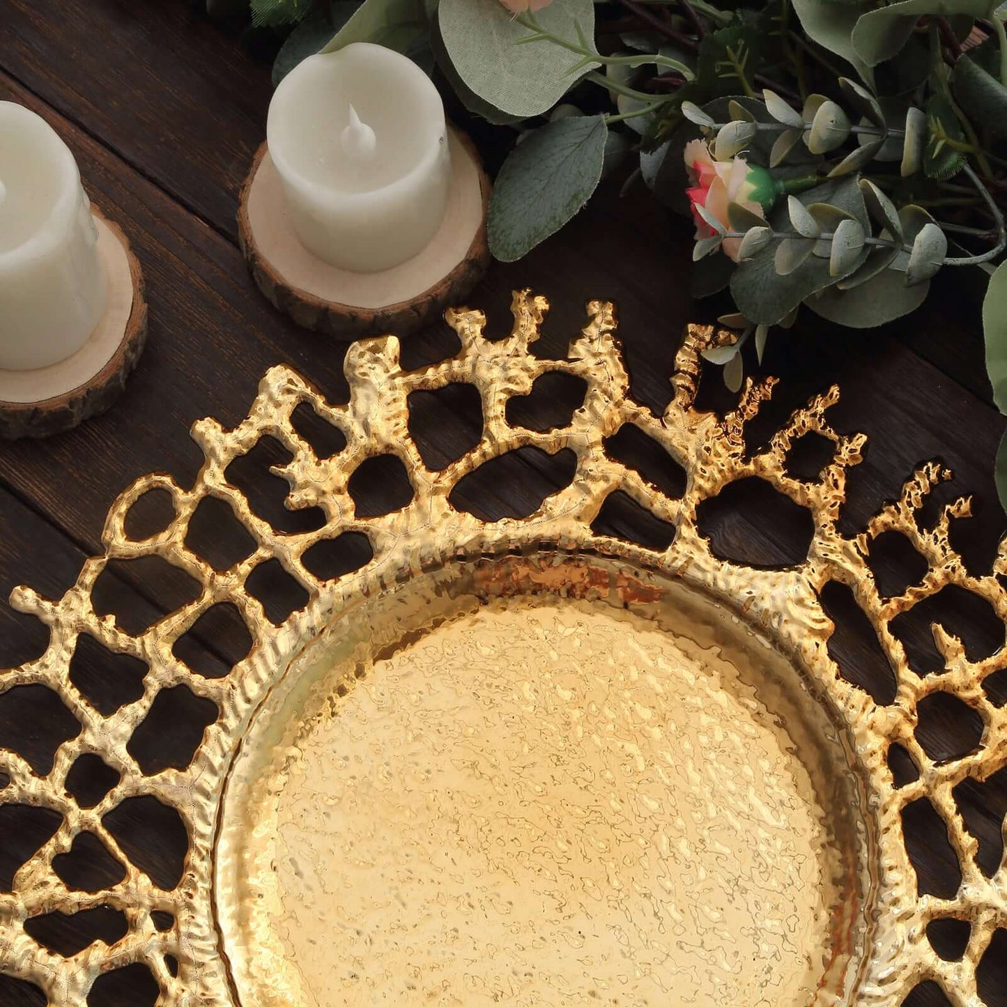 6-Pack Acrylic Round Charger Plates 13" in Gold with Molten Branch Design, Plastic Hollow Lace Decorative Dinner Party Charger Tableware