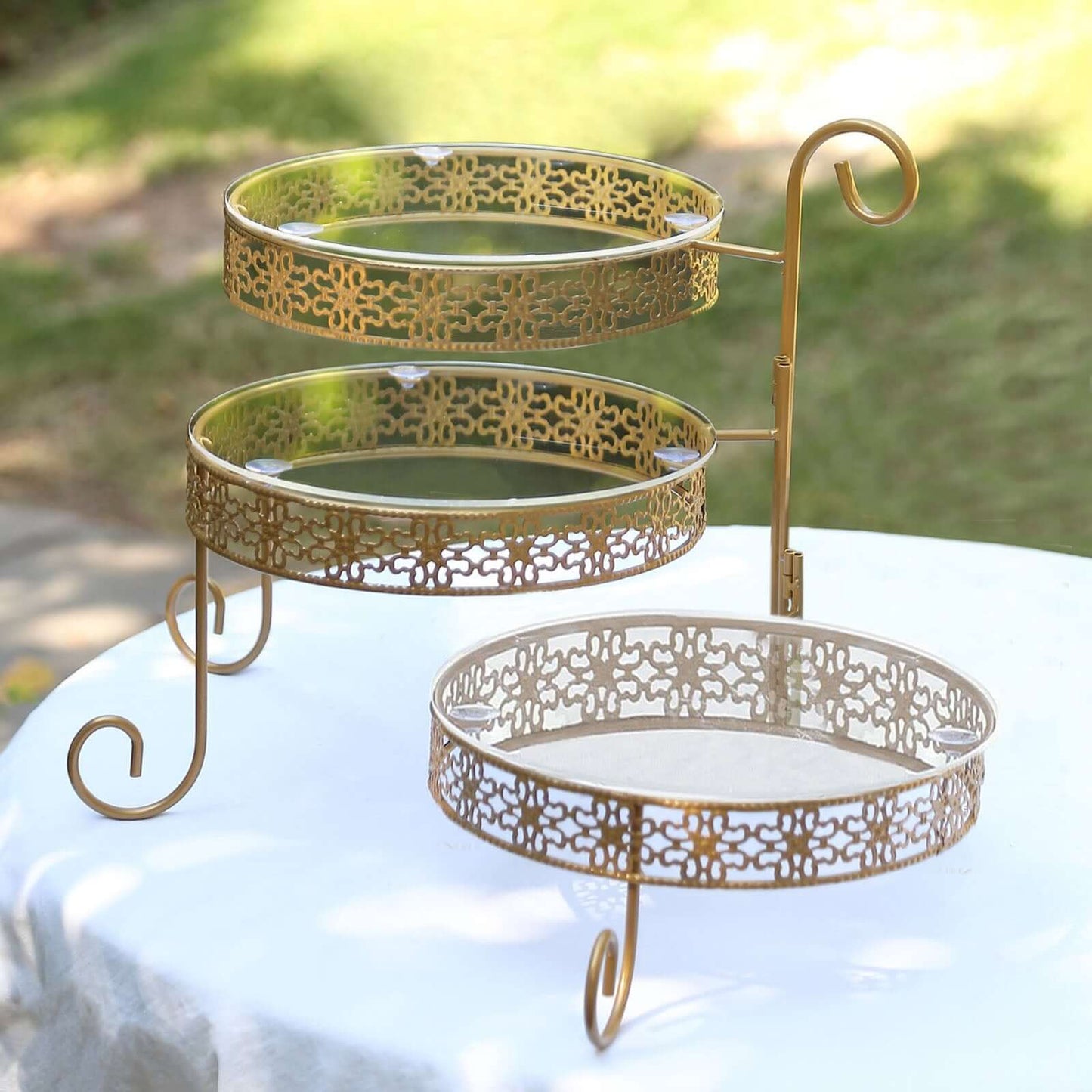 3-Tier Metal Rotating Cupcake Stand with Clear Acrylic Round Plates Gold - Hollow Lace Design Dessert Display 28"