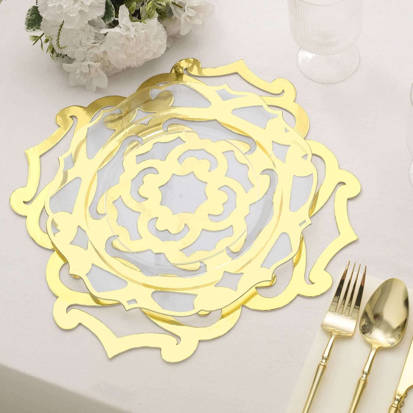 6-Pack Disposable Table Placemats in Metallic Gold Laser Cut Flower Design - 700GSM Cardboard Placemats for Glamorous Table Settings 13"