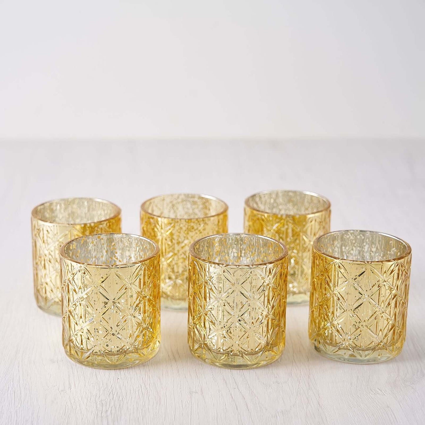 6-Pack Mercury Glass Candle Holders Shiny Gold with Geometric Design - Votive Tealight Holders 3"
