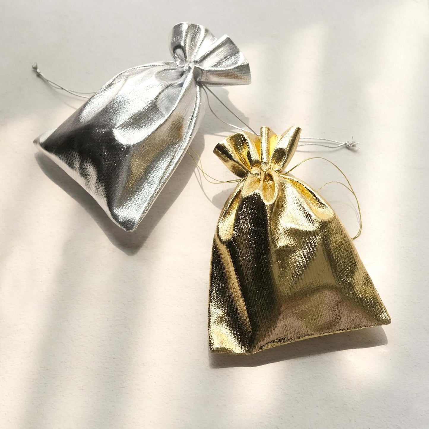 10 Pack Metallic Gold Lame Polyester 5"x7" Party Favor Gift Bags, Shiny Fabric Drawstring Candy Pouch