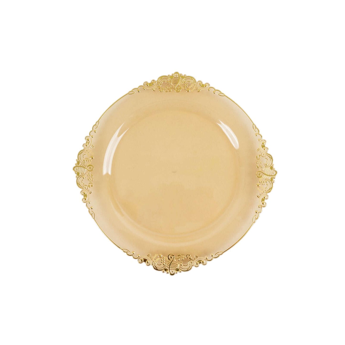 10-Pack Plastic 8" Round Dessert Plates in Transparent Amber Gold with Gold Leaf Embossed Rim - Disposable Vintage Baroque Style Salad Plates