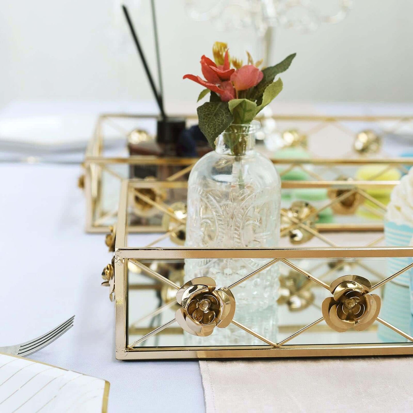 Set of 2 Metal Mirrored Rectangle Serving Trays in Gold with Rose Borders, Glamorous Decorative Vanity Tray Centerpiece 15"x8", 19"x12"