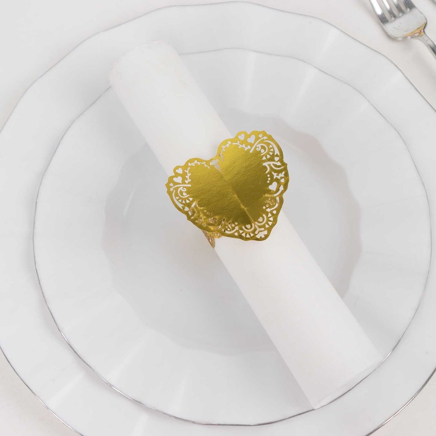 12 Pack Metallic Gold Foil Laser Cut Heart Paper Napkin Holders with Lace Pattern, Disposable Napkin Rings Bands