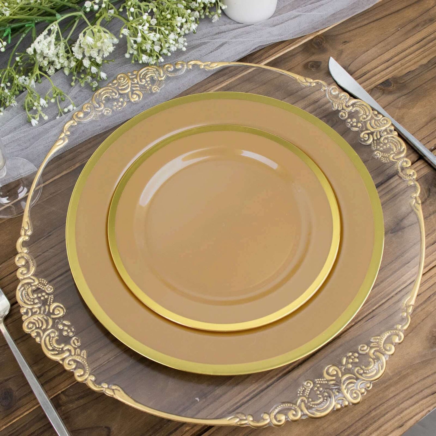 10-Pack Plastic 7" Round Appetizer Plates in Gold - Sleek Disposable Salad Plates for Banquets & Special Occasions
