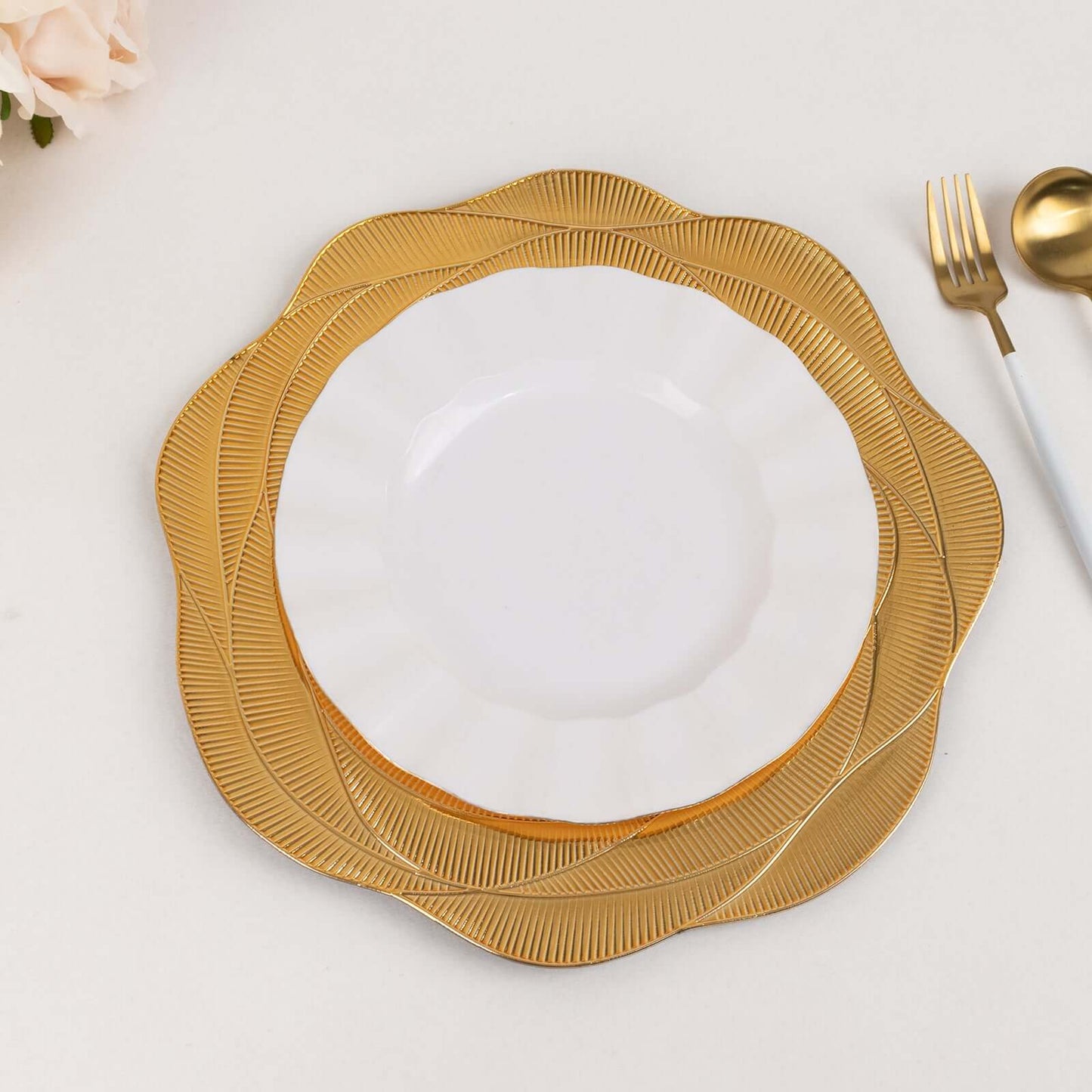 6-Pack Acrylic Round Charger Plates 13" in Metallic Gold with Ribbed Rose Pattern, Event Tabletop Decorative Charger Tableware