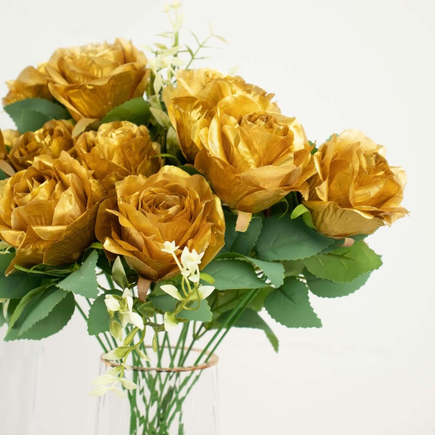2 Bushes 18" Real Touch Gold Artificial Rose Flower Bouquet, Silk Long Stem Flower Arrangements