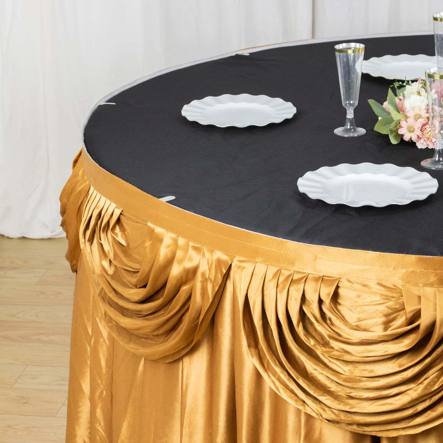 Satin 14ft Table Skirt Gold Pleated Double Drape Design - Soft & Graceful for Events