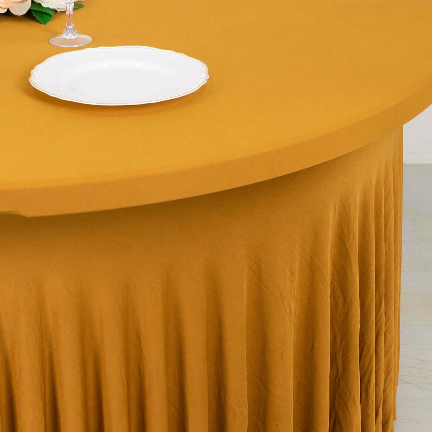 Spandex Round 5ft Table Skirt Gold with Wavy Skirt-Like Effect Stylish Table Cover for Weddings, Banquets & Trade Shows