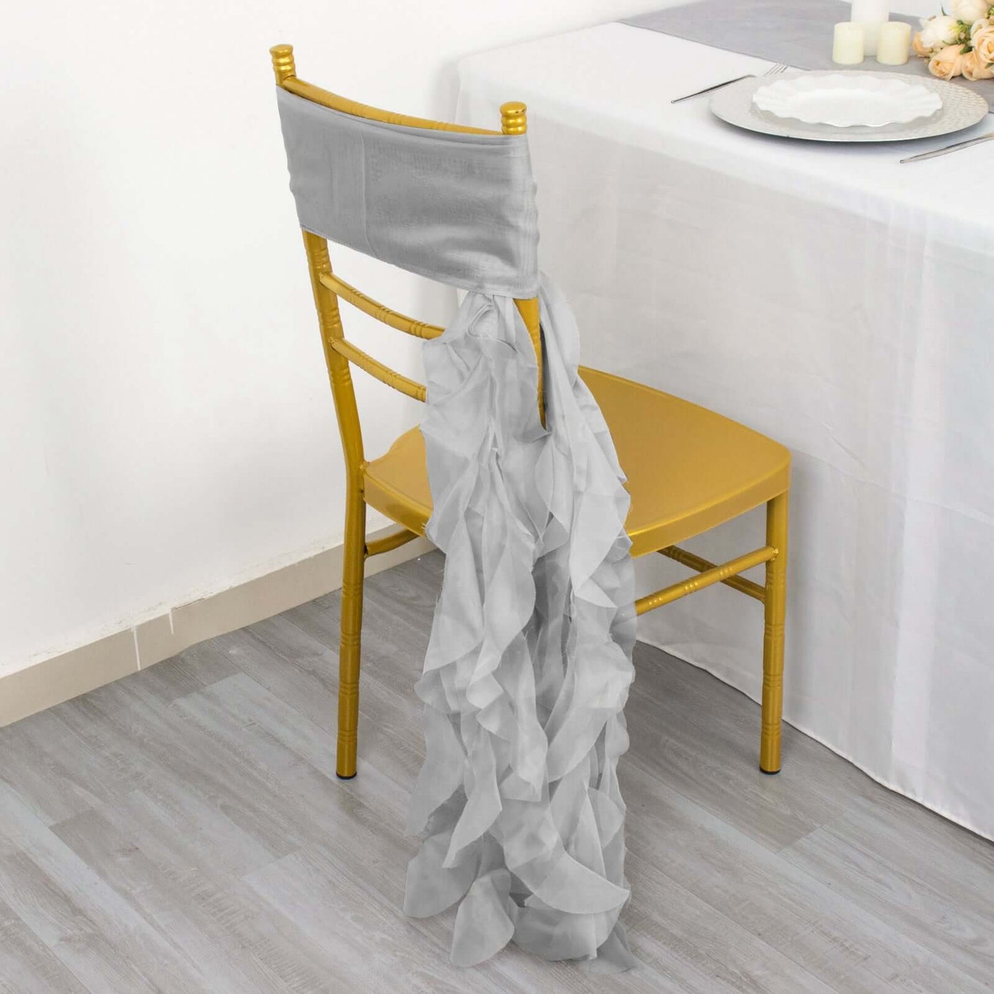 Chiffon Chair Sash with Curly Design Silver - Stylish Chair Decorations