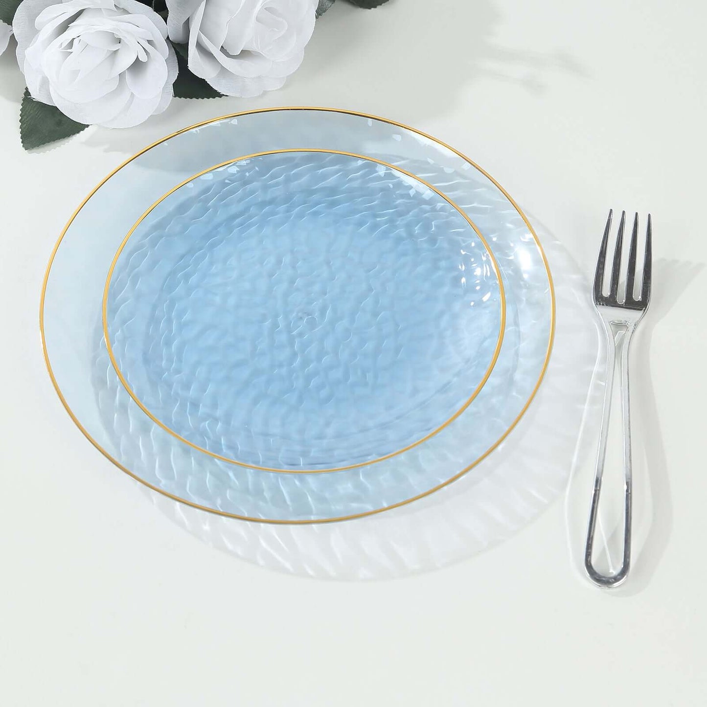 10-Pack Plastic 9" Round Dinner Plates in Transparent Dusty Blue Hammered Design with Gold Rim - Modern Disposable Party Plates
