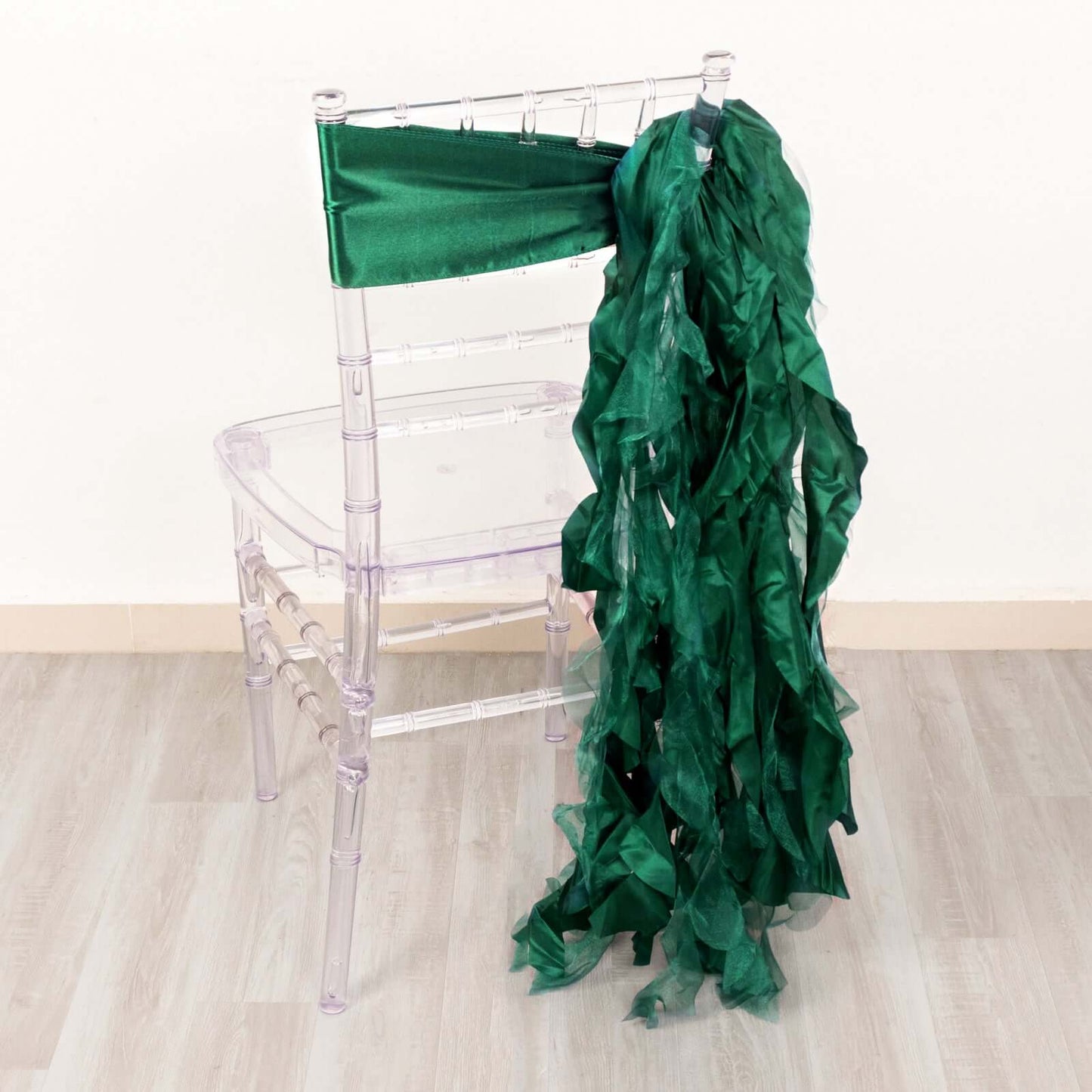 5 Pack Chiffon Satin Chair Sashes Hunter Emerald Green - Easy to Install Ruffled Curly Willow