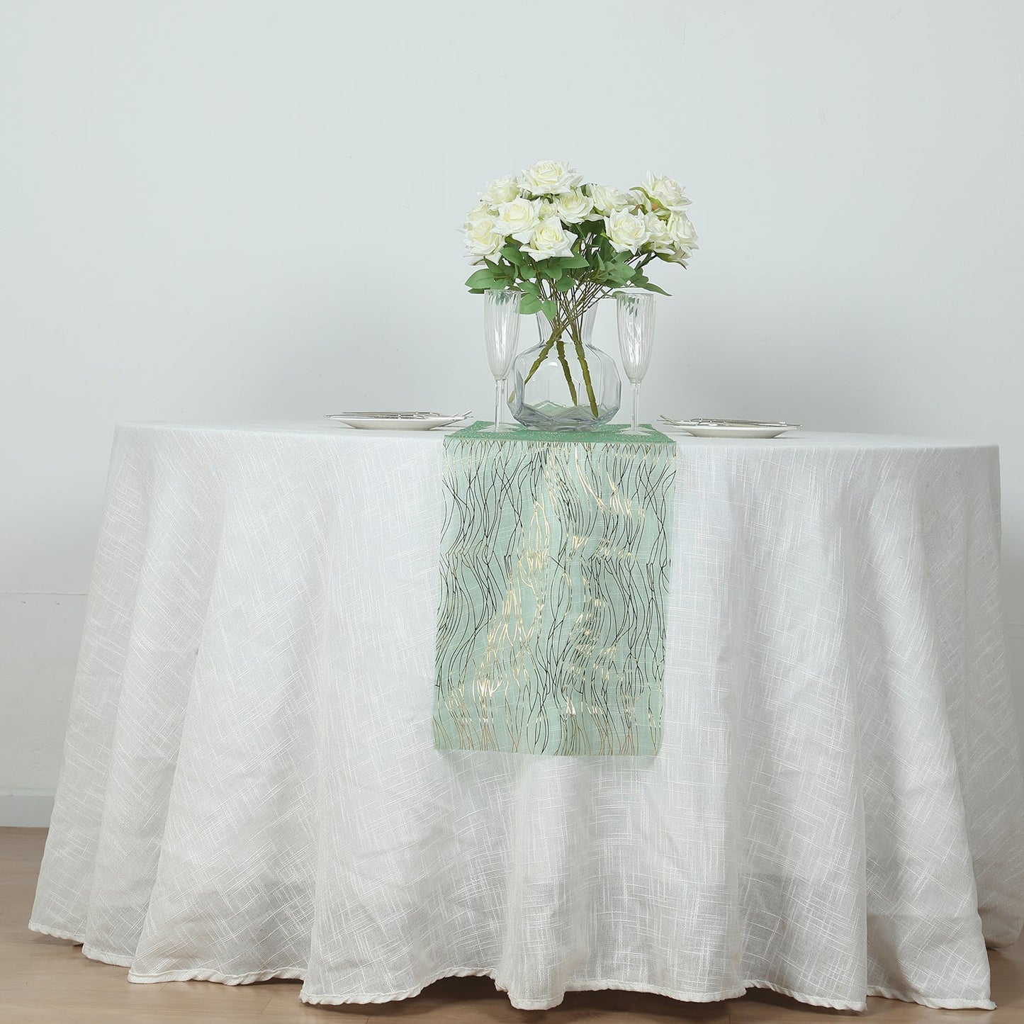 5 Pack Organza 12"x108" Table Runners Hunter Emerald Green - Gold Wave Design