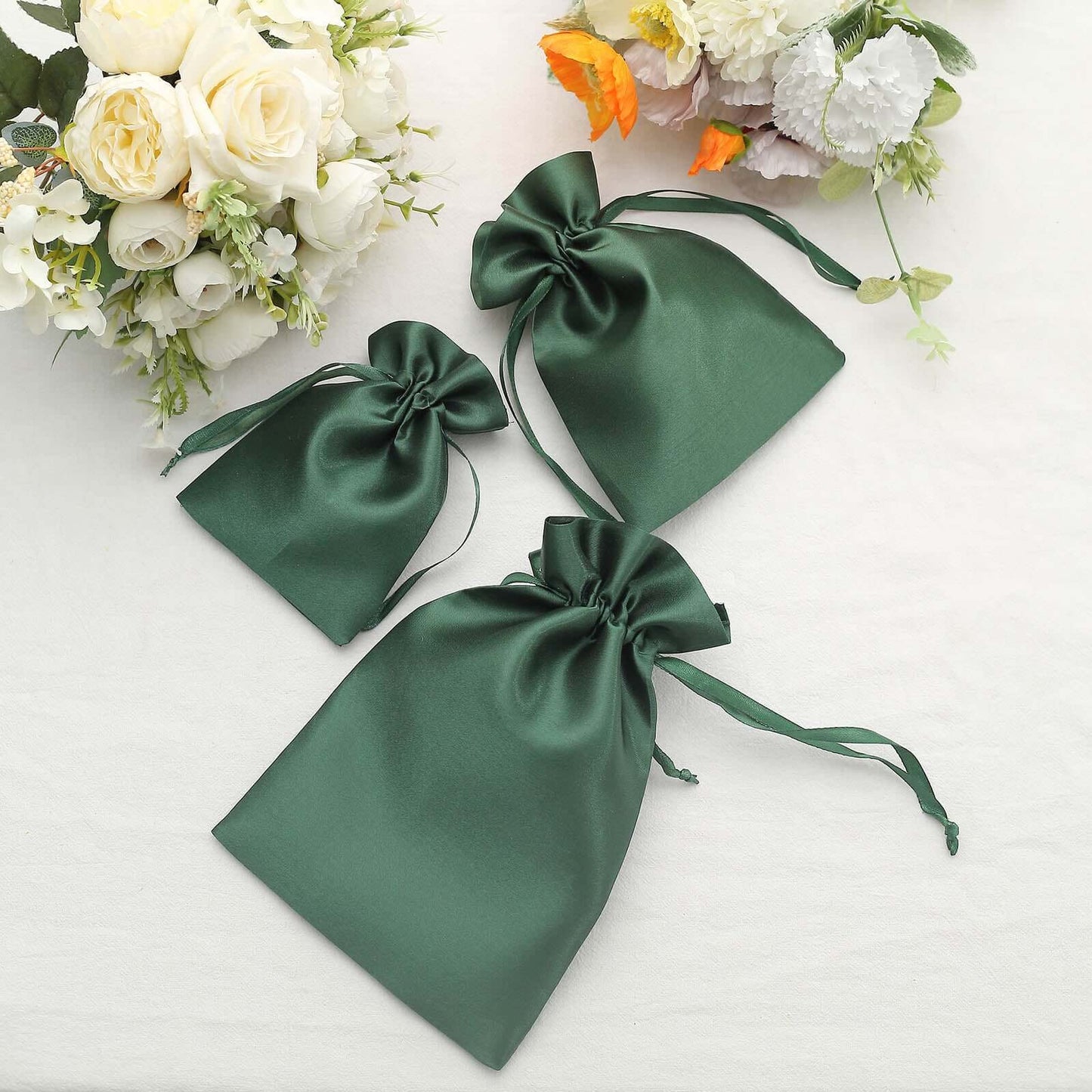 12 Pack 5"x7" Hunter Emerald Green Satin Wedding Party Favor Bags, Drawstring Pouch Gift Bags