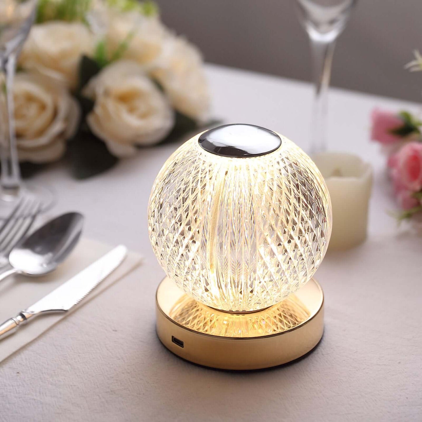 Acrylic LED Table Lamp Diamond Cut Ball Design Rechargeable - Dimmable Touch Control Decorative Night Light 5"
