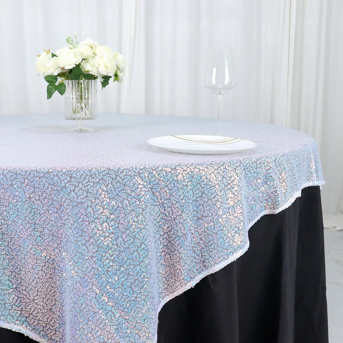 Sequin 60"x60" Table Overlay Square Tablecloth  Iridescent Blue - Luxe Wedding Table Topper