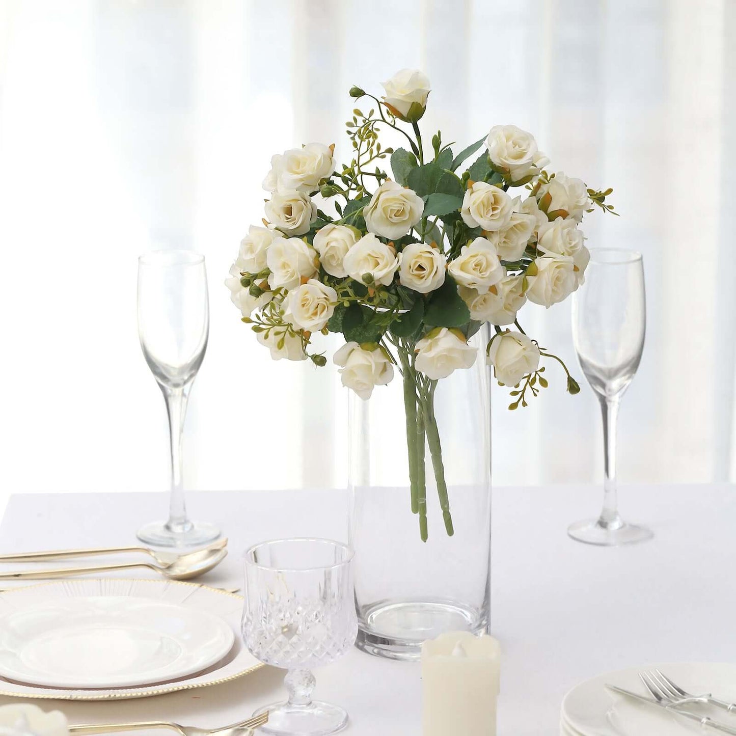 2 Pack 12" Ivory Artificial Open Rose Flower Arrangements, Small Faux Floral Bouquets