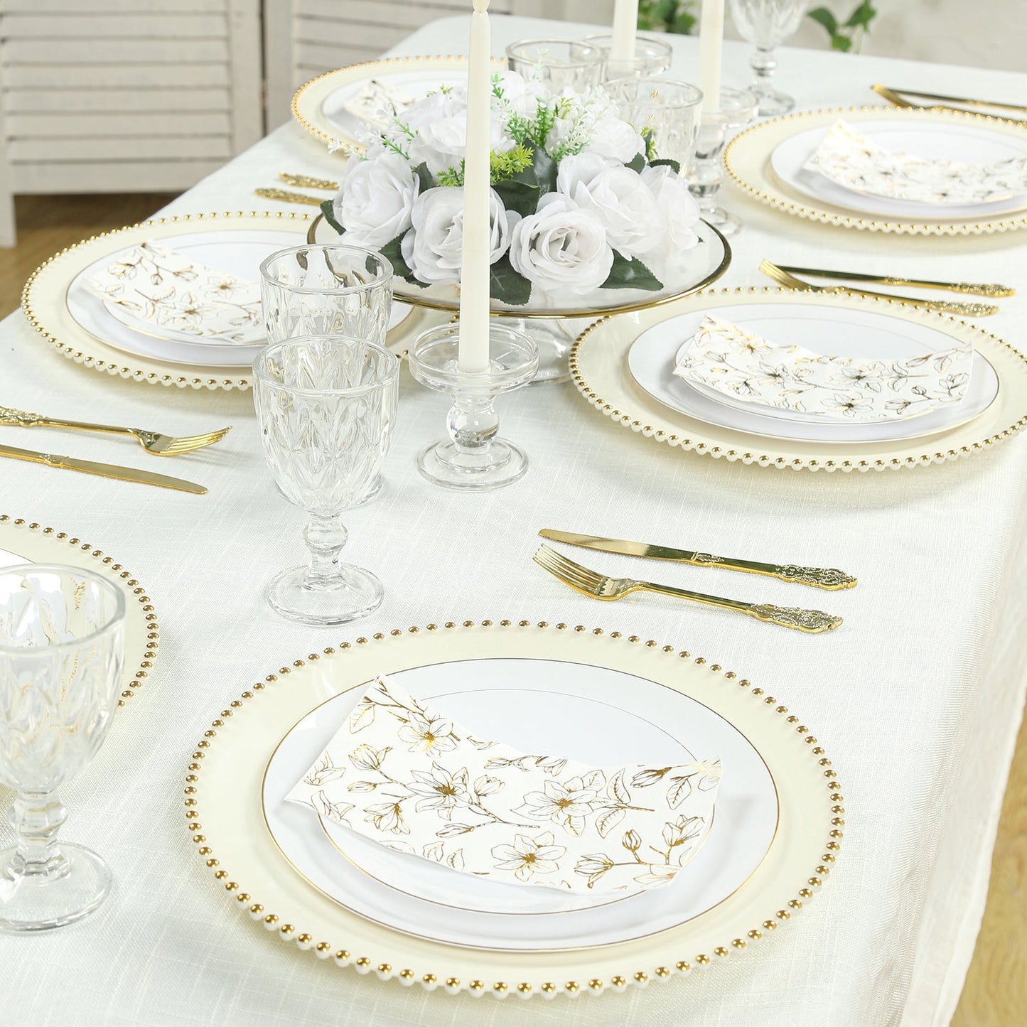 10-Pack Economy Round Plastic Charger Plates 13" in Ivory with Gold Beaded Rim, Stylish Dinner Party Serving Plates