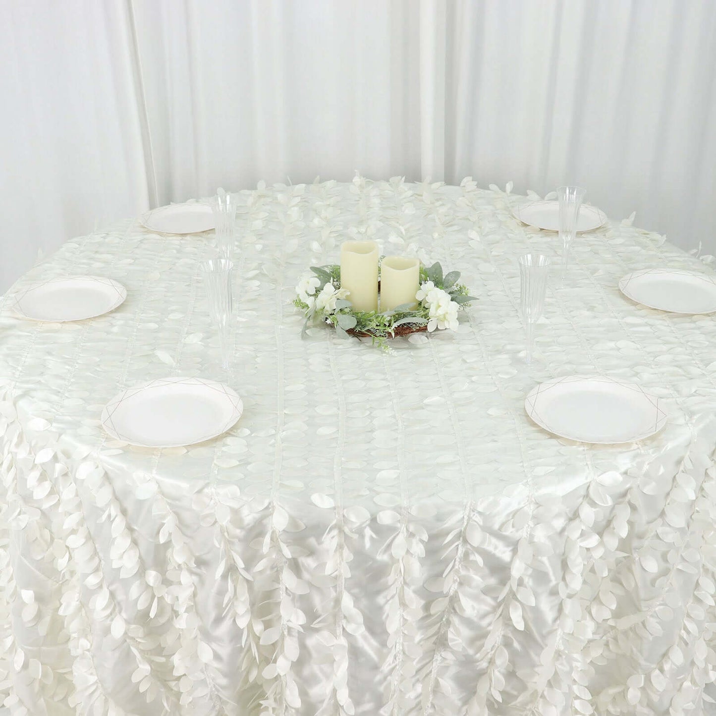 Taffeta 132" Round Tablecloth Ivory | 3D Leaf Petal Design Seamless Table Cover