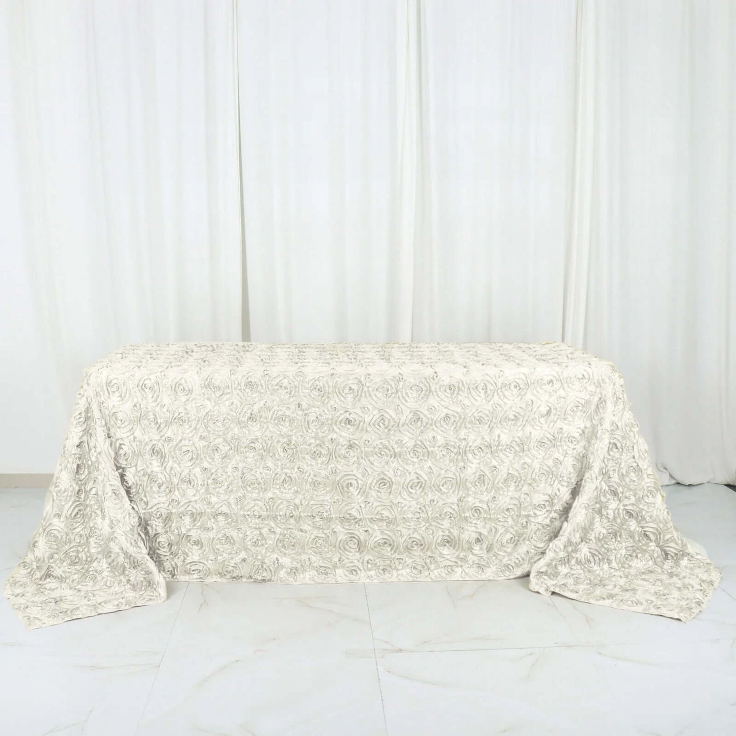 Satin 90"x132" Rectangle Tablecloth Ivory - Grandiose 3D Rosette Seamless Table Cover
