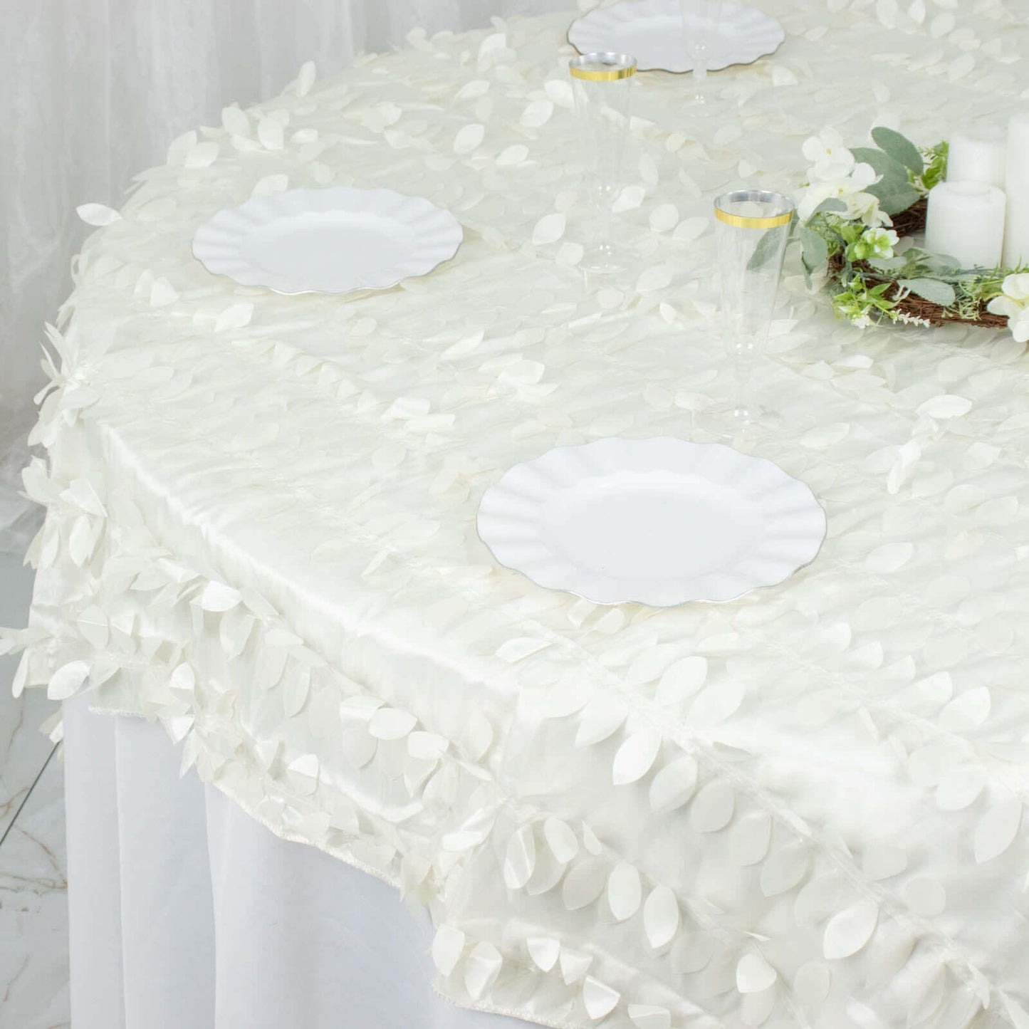 Taffeta 72"x72" Table Overlay Square Tablecloth Ivory - 3D Leaf Petal Table Cover