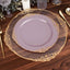 10-Pack Plastic 10" Round Dinner Plates in Lavender Lilac with Gold Leaf Embossed Rim - Disposable Vintage Baroque Style Plates