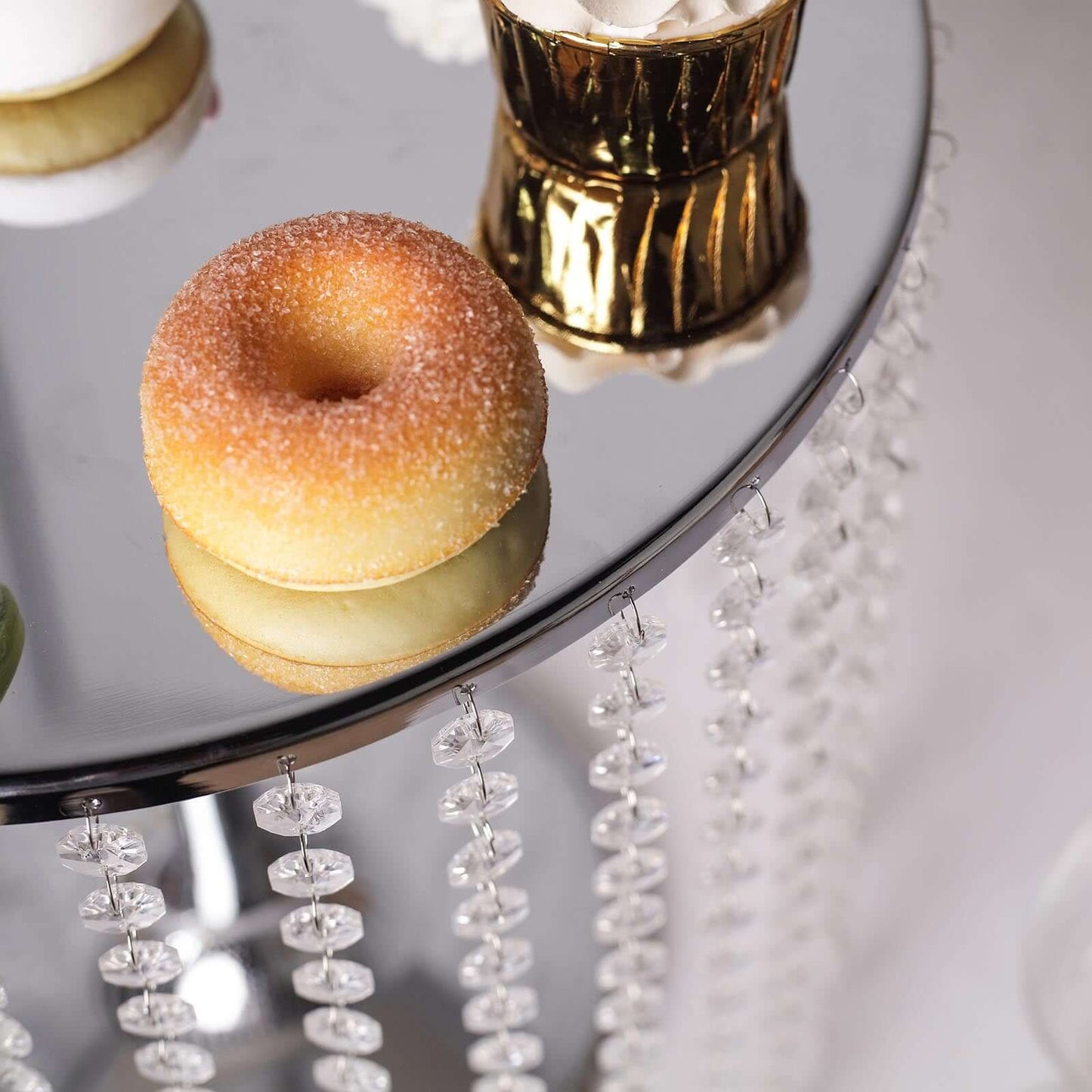 Metal Cake Stand Round Design Metallic Silver with Crystal Chains 14" Dia - Cupcake Dessert Pedestal 16"Tall