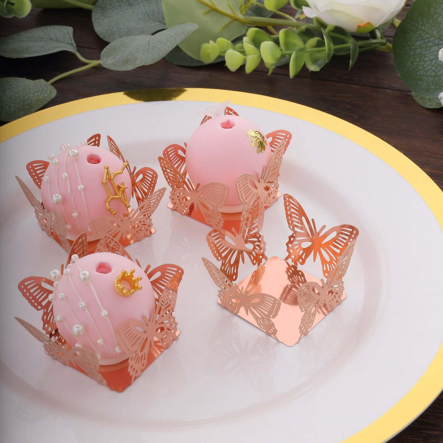 50-Pack Mini Paper Truffle Cup Liners Butterfly Square Design Metallic Rose Gold - 225GSM Cupcake Tray Wrappers 4"