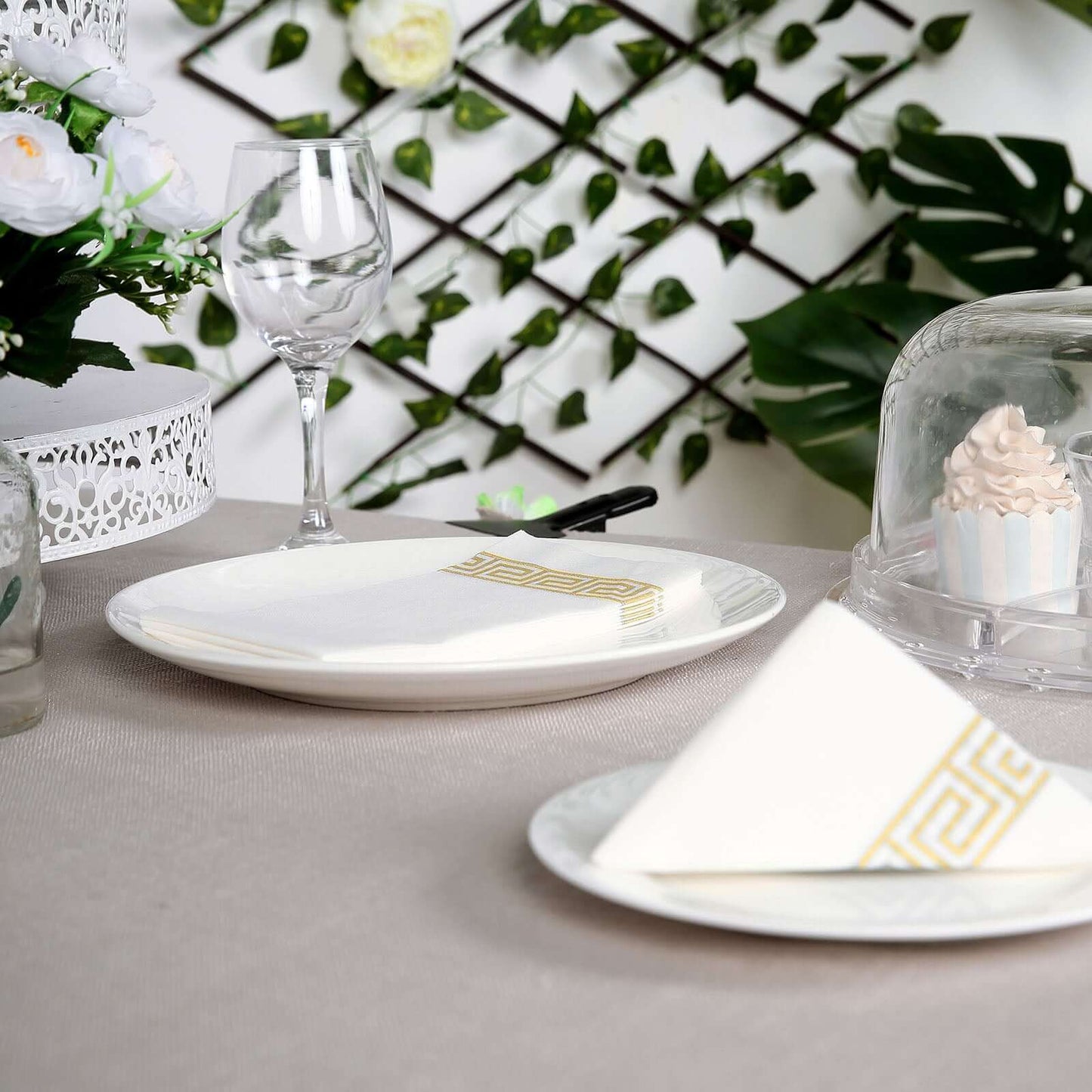 25 Pack Linen-Like Paper 8"x4" Napkins White with Gold Greek Key Design - Soft & Absorbent Airlaid Hand Towels for Exquisite Weddings & Events