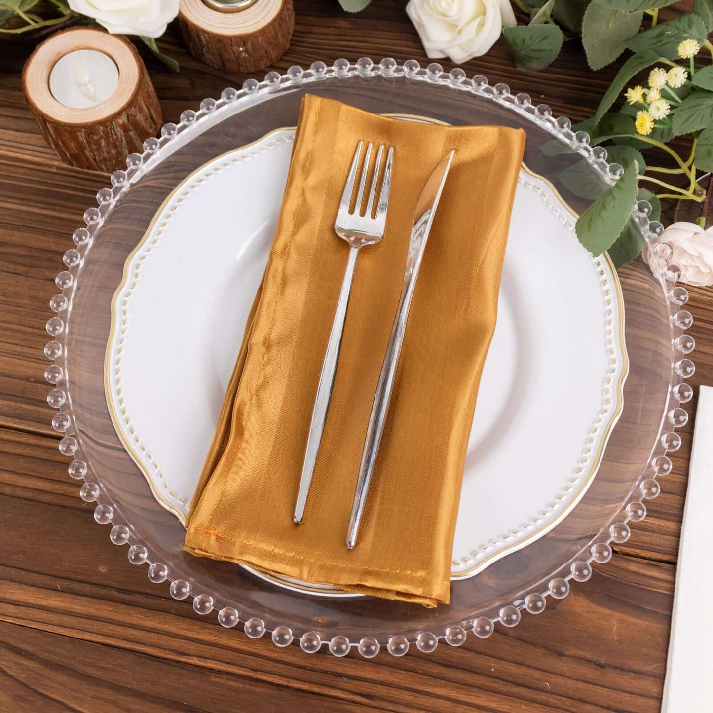 5 Pack Satin 20"x20" Napkins Gold Glossy Stripes - Durable & Wrinkle-Free Cloth Napkins