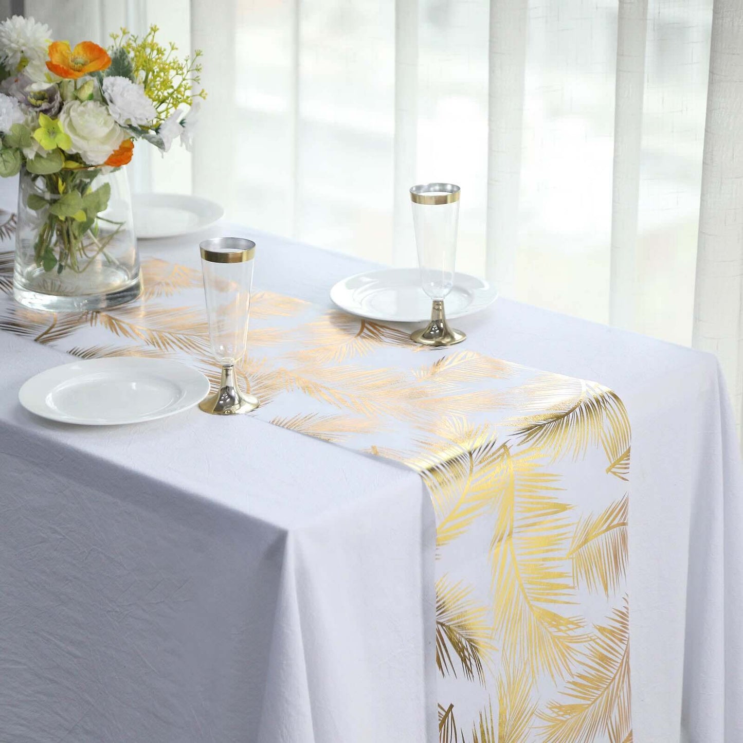 Disposable Table Runner Roll 108" Metallic Gold Foil Palm Leaves Print - Chic Non-Woven Tropical Table Decor for Events
