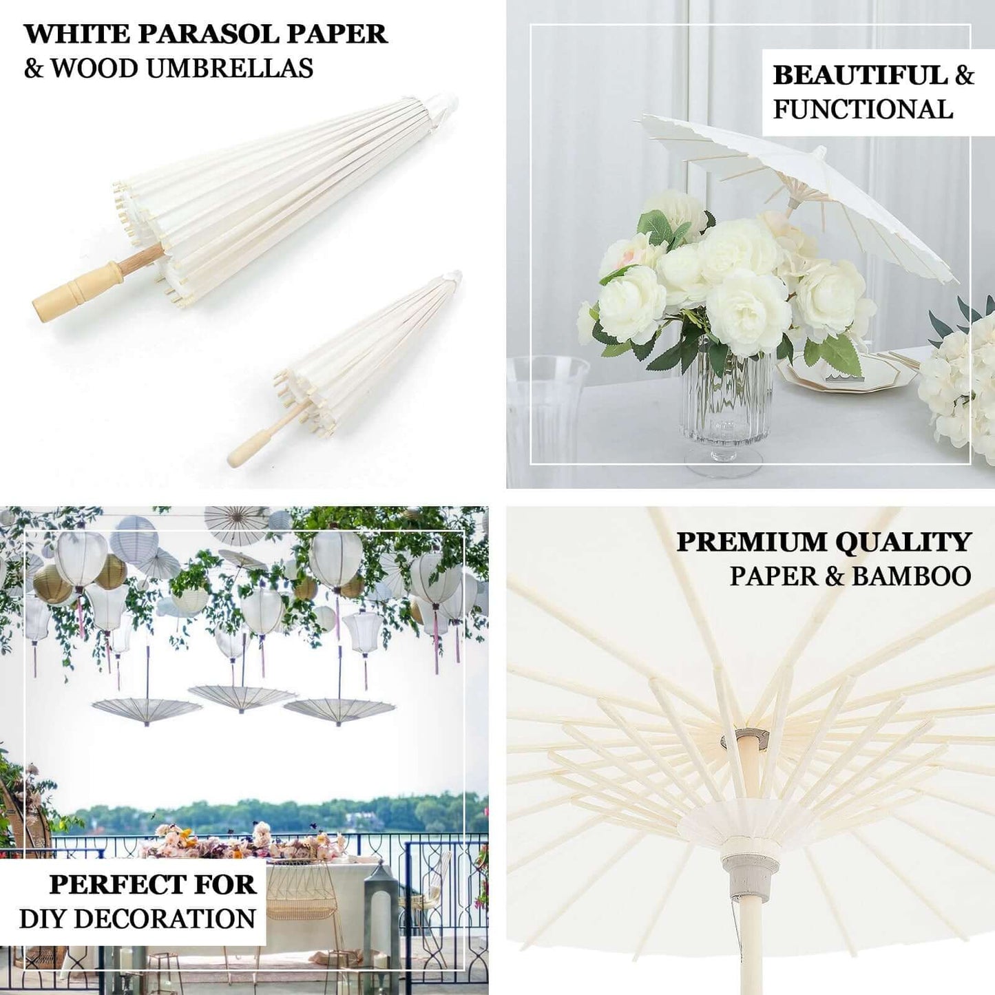 4-Pack Paper and Bamboo Parasol Umbrellas White - Decorative Centerpieces and Bridal Shower Photo Props 16"