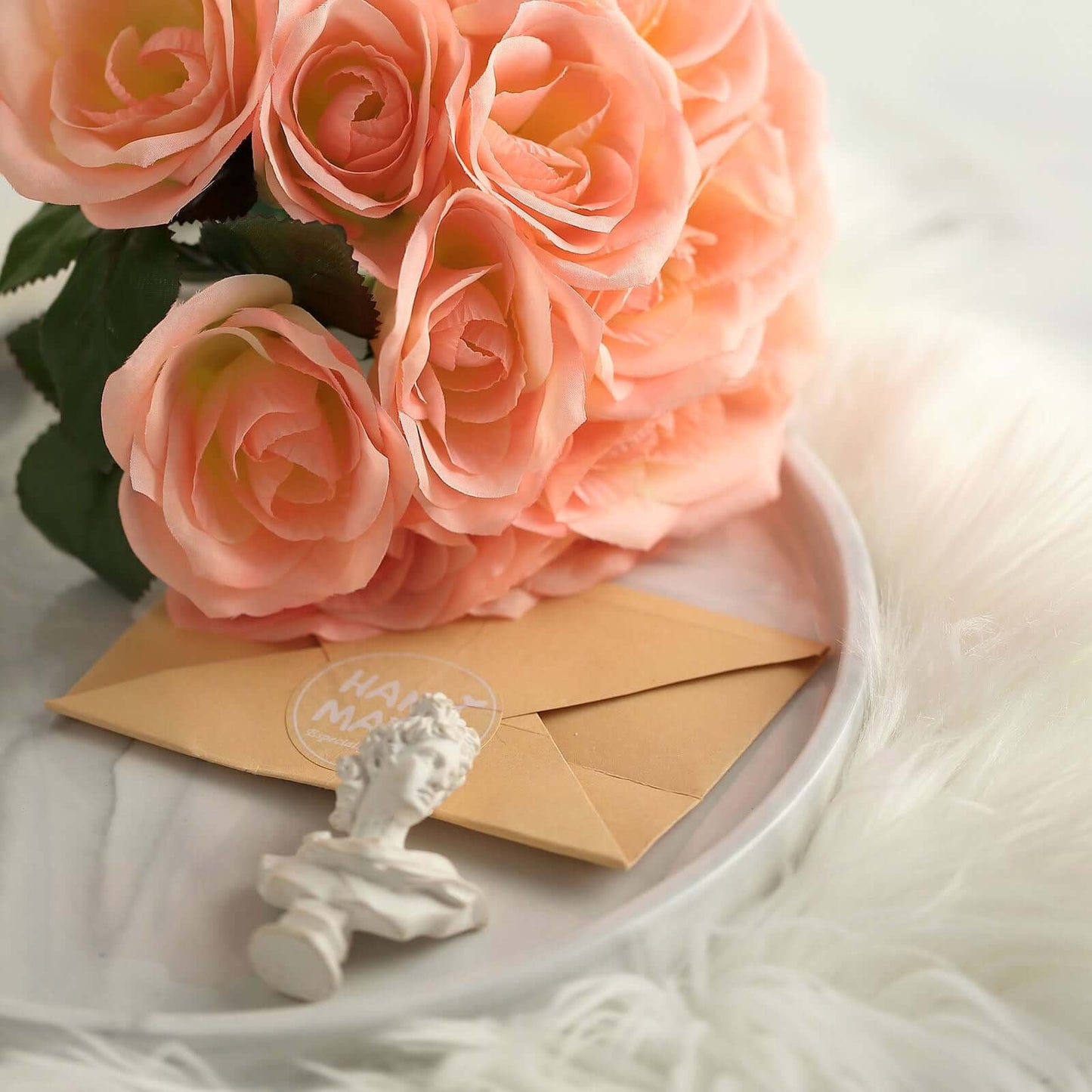 12" Peach Artificial Velvet-Like Fabric Rose Flower Bouquet Bush