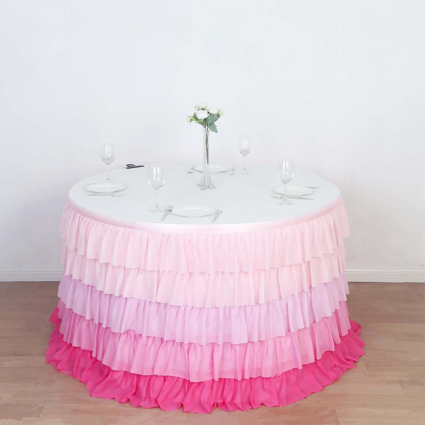 Chiffon 14ft Table Skirt Gradient Pink - Stylish 5-Tier Ombre Ruffled Tutu Table Cover with Satin Backing for Weddings & Celebrations