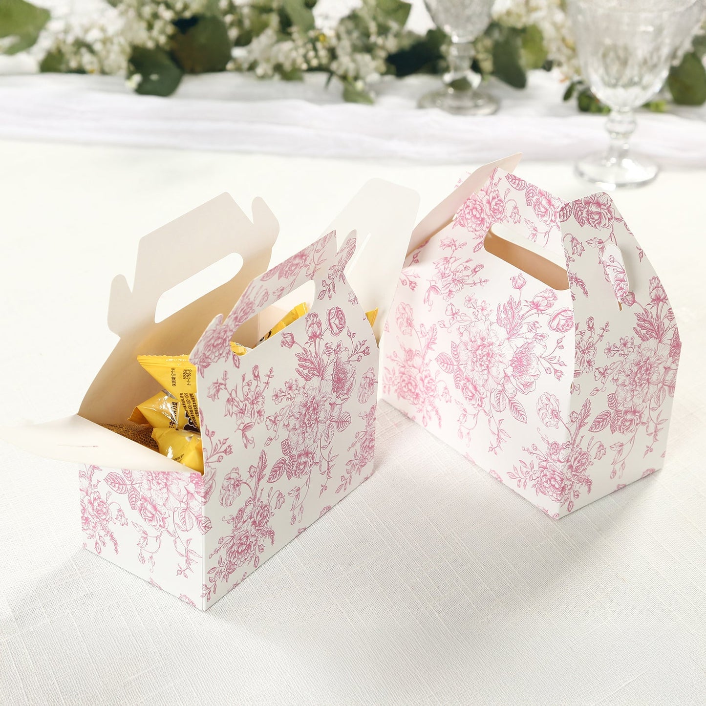 25 Pack Candy Treat Tote Boxes in French Toile Pattern - Matte Pink and White Party Favor Gable Boxes, Cardstock Paper - 6"x3.5"x7"