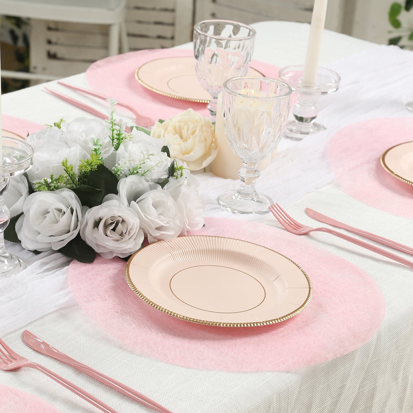 50 Pack Disposable Pink Placemats, 13" Non-Woven Mesh Fiber Round Table Mats for Dining & Events