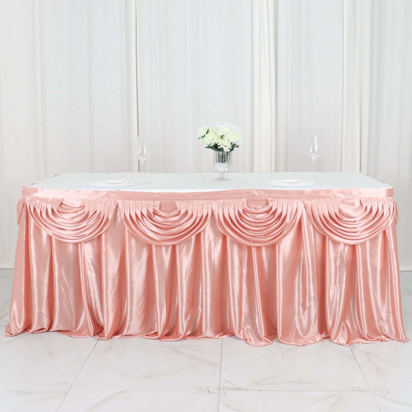 Satin 14ft Table Skirt Dusty Rose - Pleated Double Drape Table Cover