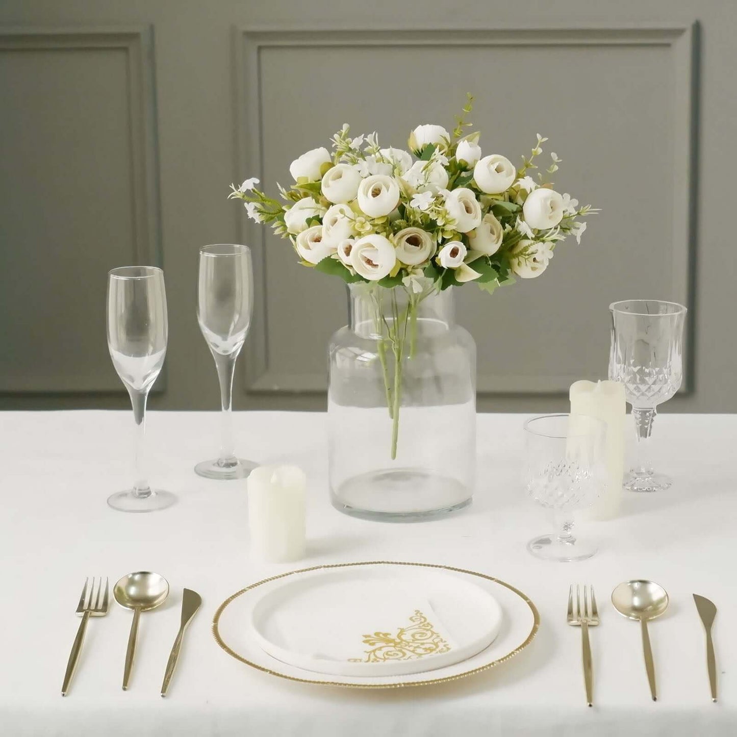 4 Pack 12" Artificial Ivory Ranunculus Silk Flower Bridal Bouquets, Faux Buttercup Floral Arrangement