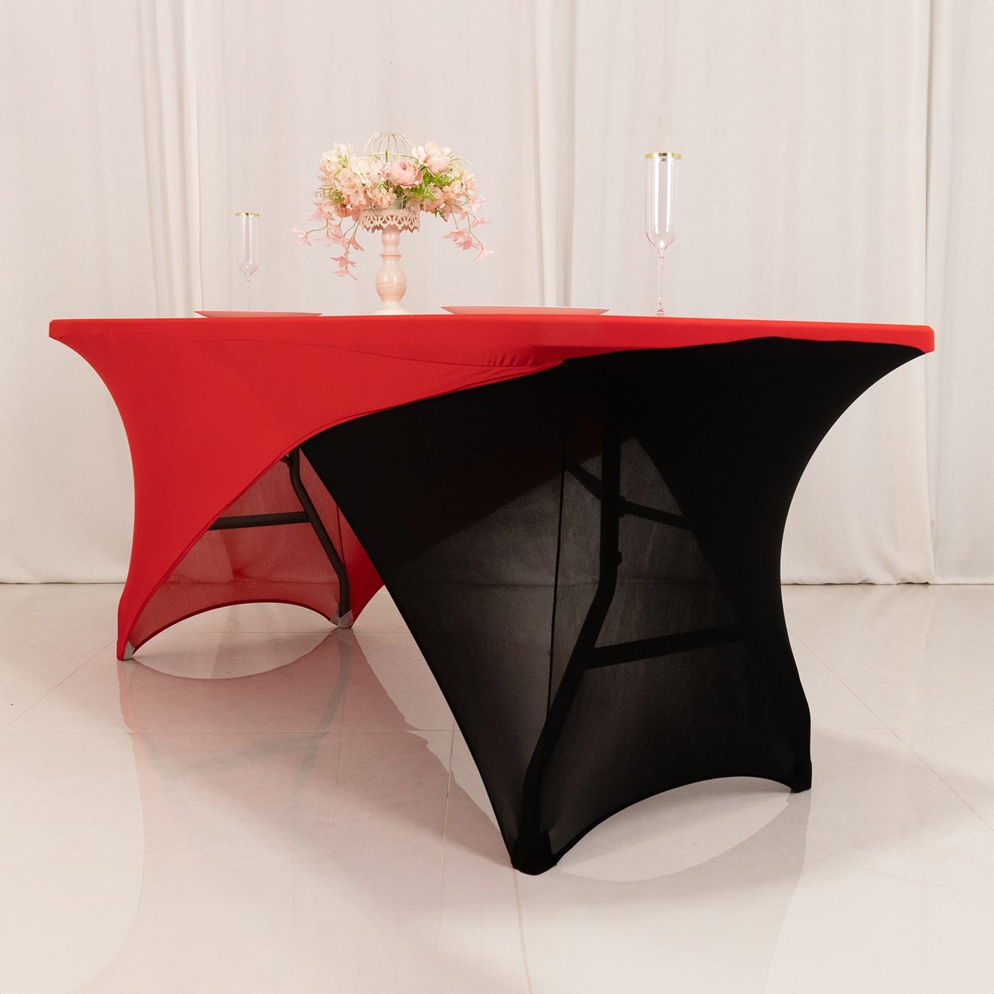 Stretch Spandex 72"x30" Rectangle Table Cover Red/Black Cross Over Design - Two-Piece Fitted Tablecloth with Elastic Foot Pockets