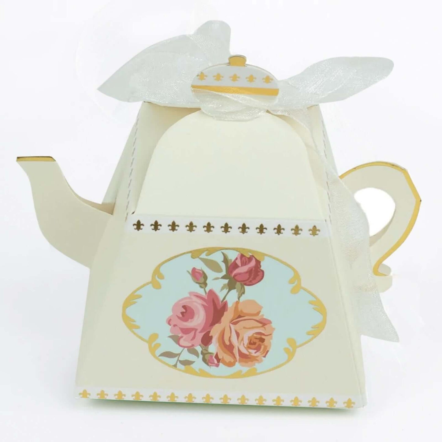 25 Pack 4" Ivory Mini Teapot Favor Boxes, Vintage Rose Gift Boxes with Ribbons